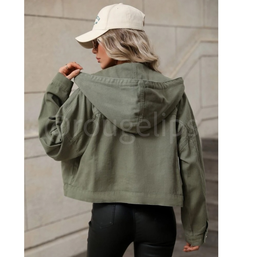Boxy, Oversized Hooded Army Green Jean Jacket Fap Pockets Long Sleeve - Picture 5 of 8